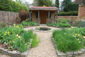 pond garden with tulips